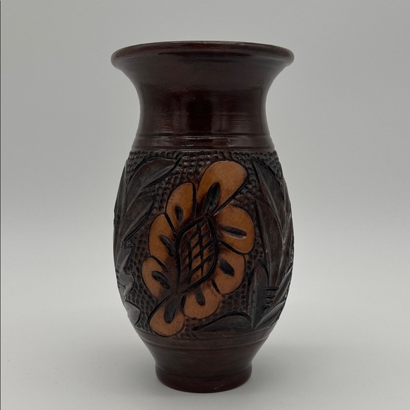 Handmade Other - Vintage Handcrafted Korond Pottery Brown Floral Vase Transylvania ~ 7 Inches